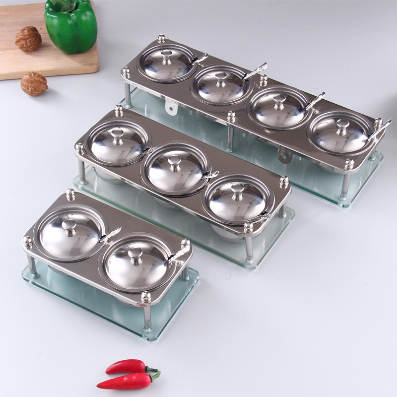 kitchen supplies stainless steel dressing box set, glass support spice jar seasoning bottle salt and pepper