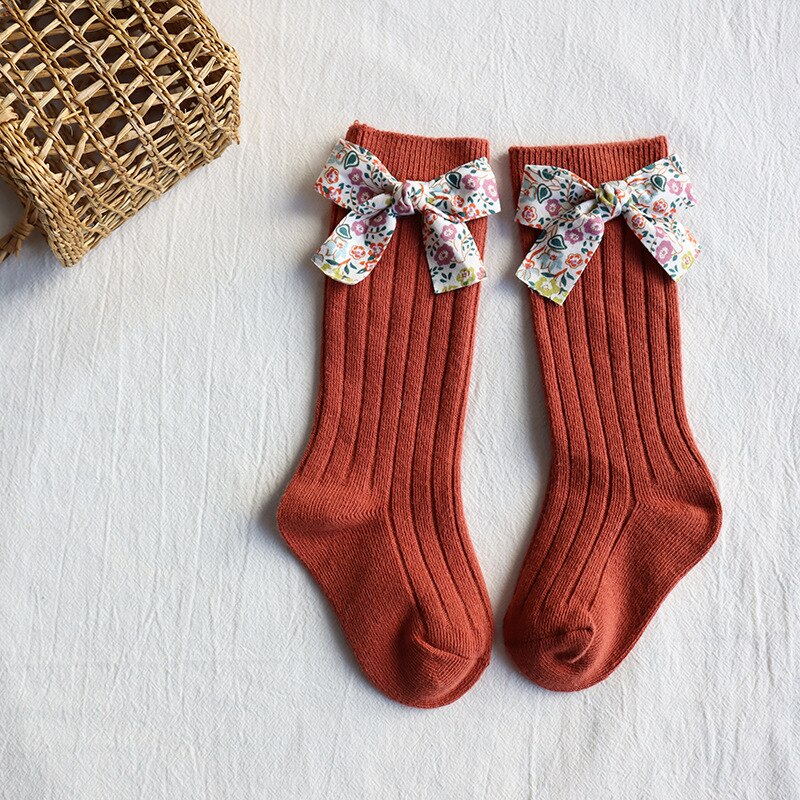 Chaussettes à fleurs pour bébés filles de 0 à 5 ans, longues et hautes, avec rayures en coton doux, Style princesse: Red / 0-1Years(S)