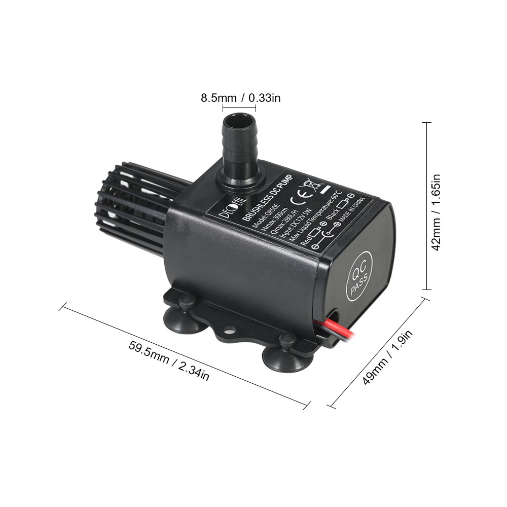 DC12V 5W Ultra-quiet Brushless Water Pump Waterproof Mini Submersible Fountain Aquarium Water Pump Circulating 280L/H Lift 300cm