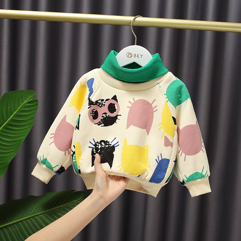 Children's Clothing Boys and Girls Brushed Hoody Winter High Collar Thick Bottoming Shirt Cartoon Top Long Sleeve Casual: 18M