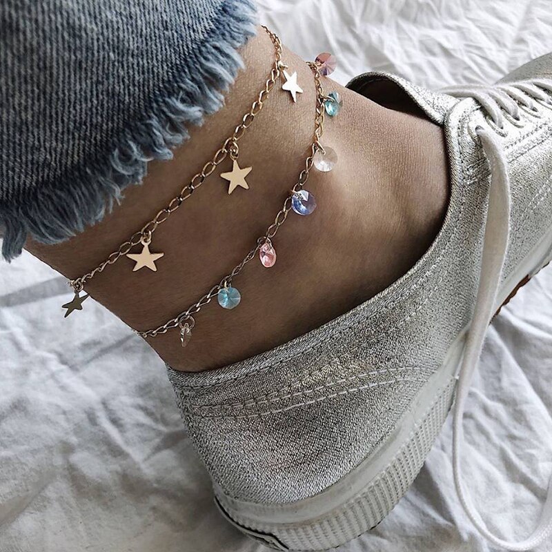 Double Layered Anklet Rectangle Star Pendant Anklets For Women Jewelry Layered Chain Leg Bracelet Tobilleras pulsera
