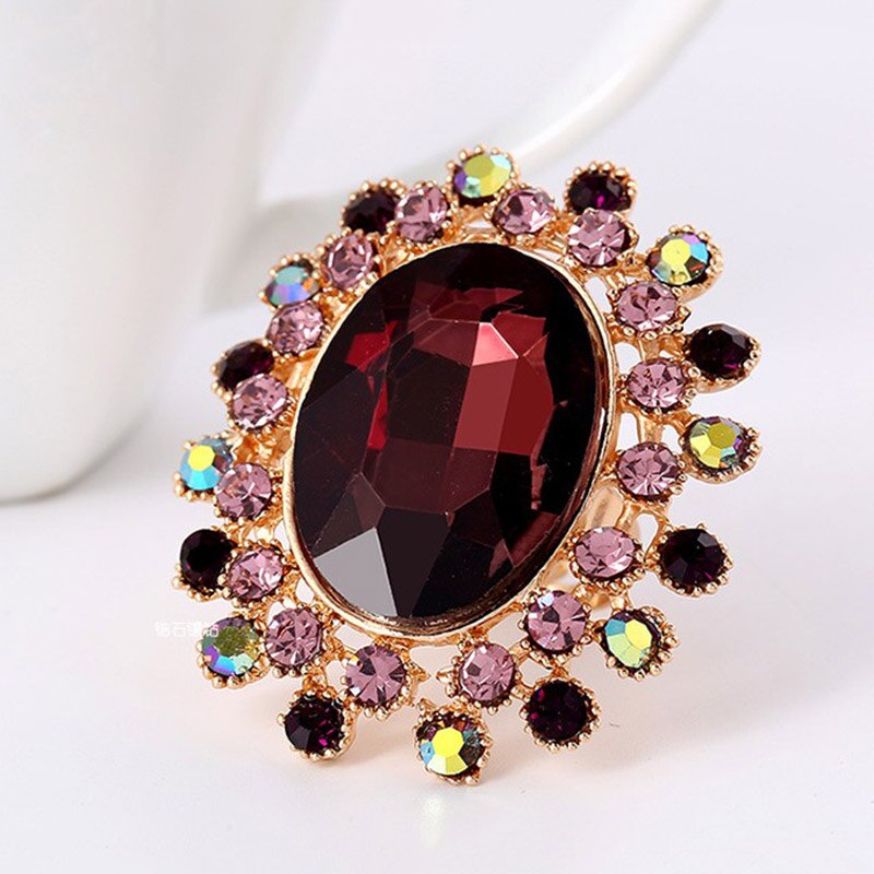 Retro Charm Oval Grote Kristallen Ring Overdreven Chunky Rhinestone Verstelbare Grote Trouwringen Luxe Glas Statement Sieraden: Dark purple