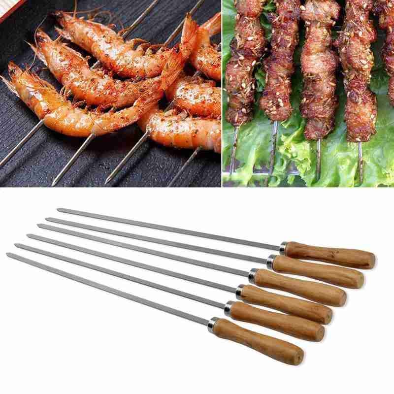 6 Pcs Barbecue Stick BBQ Roasting Needle With Wooden Handle Skewers Steel Roasting Tools Rotisserie Long Skewers,42cm