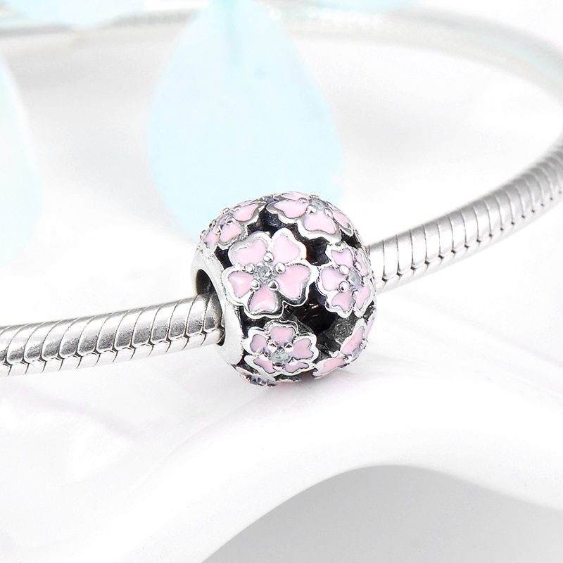 925 Sterling Silver CZ pink Enamel sparing flowers Bead Fit Original European Charm Bracelet Jewelry making