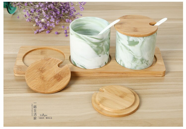Chinese ceramic seasoning pot Kitchen Tools Gadgets Salt Sugar bowl Canister spice jar Herb Spice Tools Ceramic jar Bamboo box
