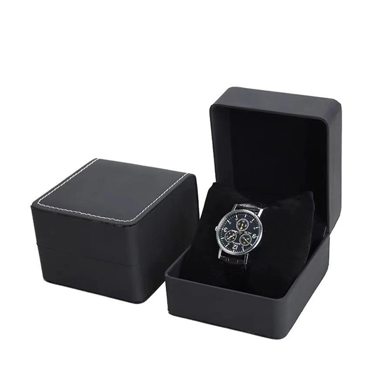 Caja de para reloj individual con almohada, organizador de vitrina de reloj de pulsera de cuero PU para hombres: Negro
