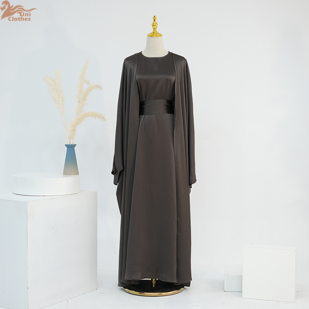Ramadan dubai cetim liso 2 peças conjunto abaya roupas de oração feminino modesto conjuntos muçulmanos caftan marocain robe femme musulmane kaftan