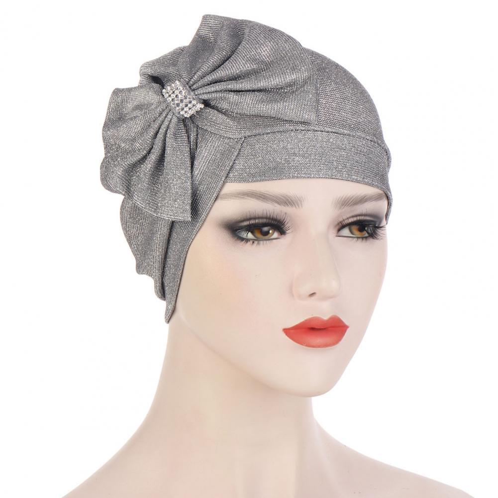 Tulband Cap Effen Kleur Vrouwelijke Glitter Warme Boog-Knoop Beanie Hoed Beanie Headwrap Voor Wassen Gezicht: Zilver
