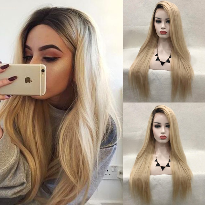 Peluca de pelo largo liso carisma Rubio degradado, peluca sintética con malla frontal, con raíces negras, malla con división lateral, peluca con malla frontal s para mujer