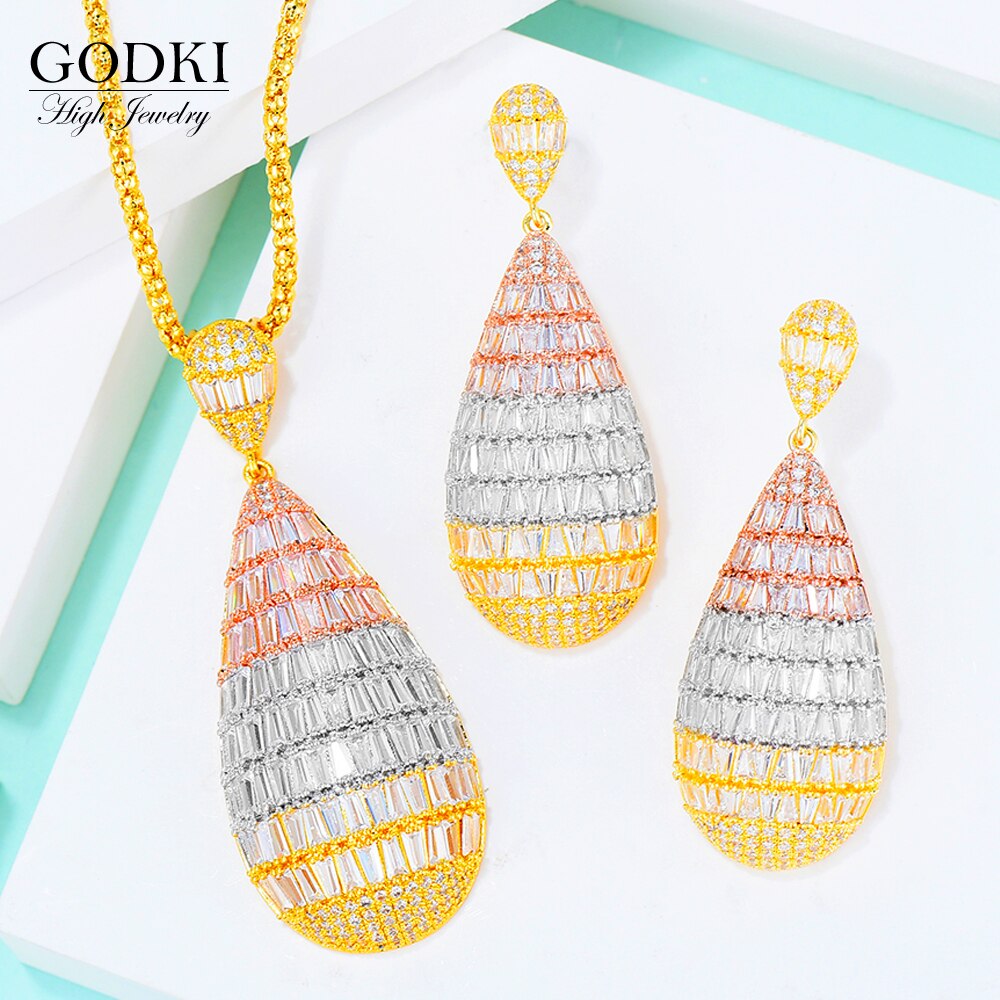 GODKI lujo circón cúbico de gota de agua nigeriano collar pendiente juegos de joyas para mujer boda Dubai indio conjuntos de joyería nupcial
