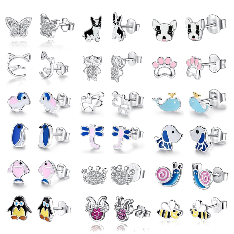 ELESHE-pendientes de plata de ley 925 para mujer y niña, joyería con broche de insecto, abeja, Animal, perro y gato,