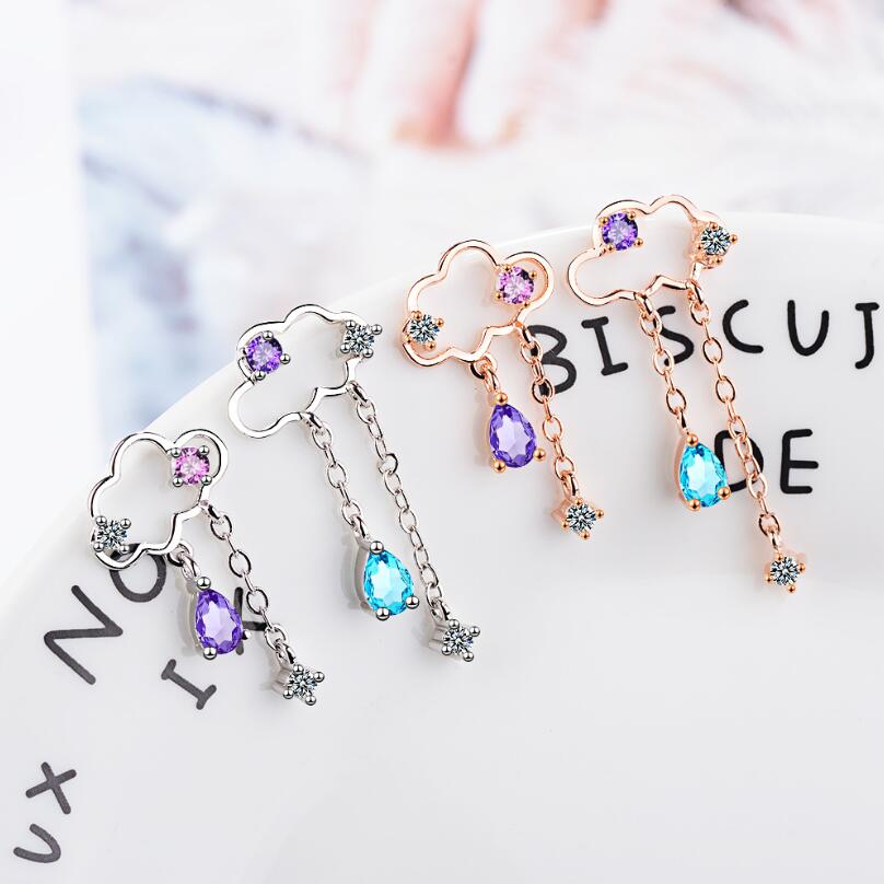 Wolken Asymmetrische Kwastje Water Druppels Zirkoon Oorbellen Voor Vrouwen Trend Creatieve 925 Sterling Zilveren Sieraden Oorbellen SAE436