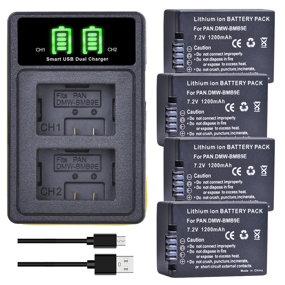 Batería de DMW-BMB9 y cargador LED, accesorio para Panasonic Lumix DMC FZ40K FZ45K FZ47K FZ48K FZ60 FZ70 FZ100 FZ150 DMWBMB9, DMW-BMB9E: 4 battery 1 charger