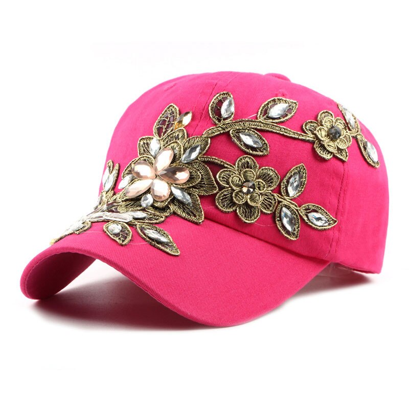 Denim rhinestone kvinders baseball cap vintage luksus blomstermønster gorras kvindelig glas diamant hat: Rosenrød