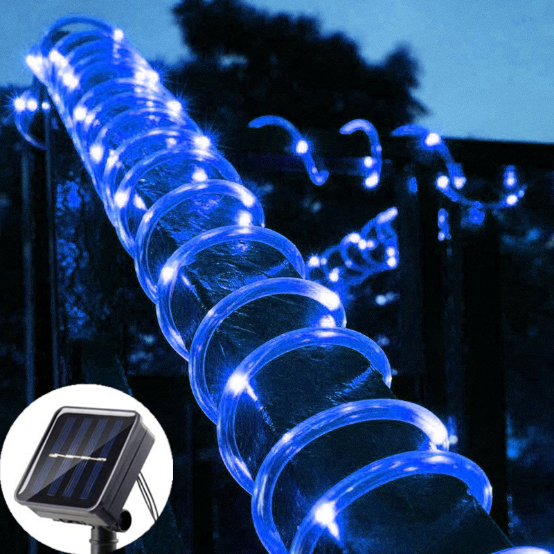 Luces de cuerda solares para exteriores, cadena de luces LED, 8 modos, luces de manguera de jardín, decorativas, boda, Navidad, Halloween, Patio, porche, piscina: Azul / 350 W