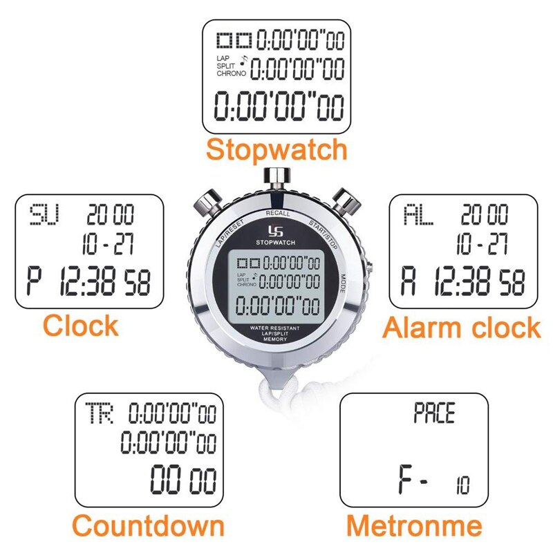 YS Silent Stopwatch, Metal Digital Sports Stopwatch With Countdown Timer, 100 Lap Memory, Large Display, Alarm Clock