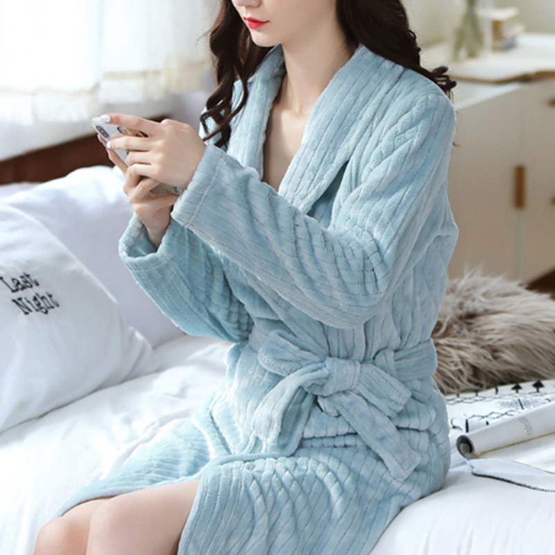 Women Robes Winter Warm Flannel Fleece Nightdress Sleepwear Female Pajamas Home Clothes Dressing Kimono Hotel Bathrobe