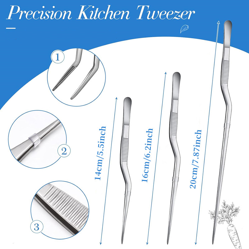 Pinces de Chef de cuisine de précision en acier inoxydable, 3 tailles, pincettes pour la cuisine des aliments, pique-nique Barbecue, décoration de gâteaux 14cm 16cm 20cm