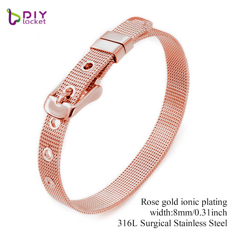 ! Pulsera de acero inoxidable de 8mm/ 10mm, brazalete de , accesorio apto para LSBR01-02 de dijes con letras deslizantes: 8MM Rose gold