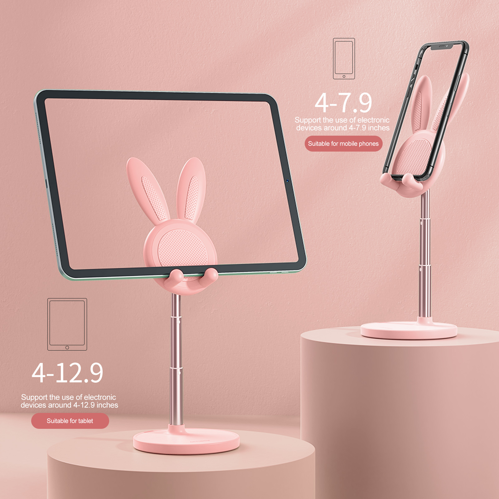 Oatsbasf Cute Cell Phone Stand for Desk, Angle Height Adjustable Bunny Phone Holder Stand, for All Mobile Phones, Tablets