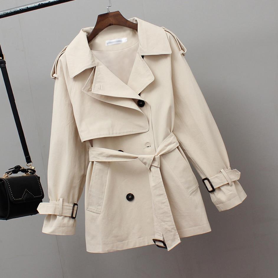 Kvinnor kort trench vår vindjacka casual lösa safari kläder stativ krage dragsko kvinnlig trench coat: Beige / L