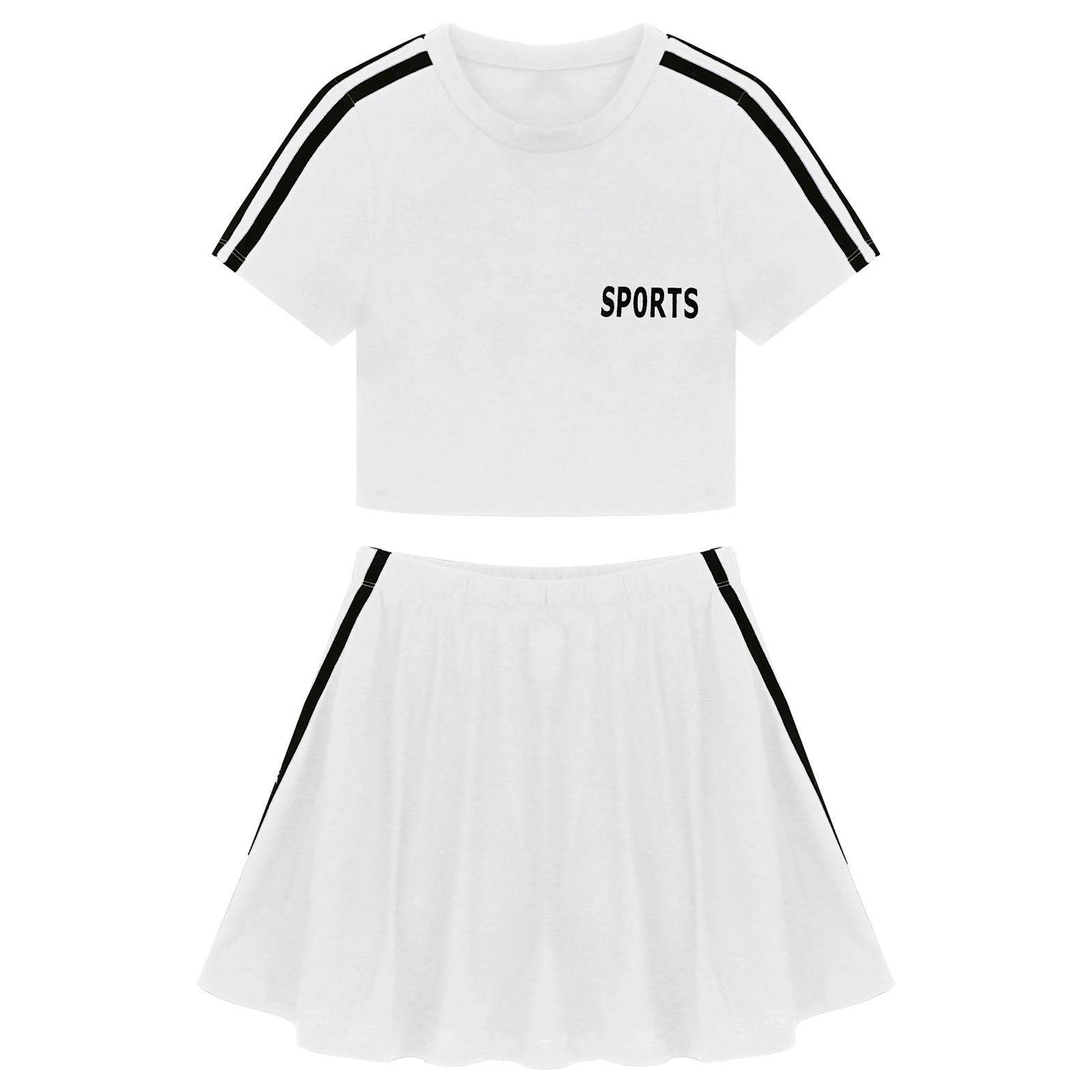 Women Tennis Sets Badminton Sports Outfits Short Sleeves Sport Crop Tops and Skirt with Underwear Modern Dance Cheering Uniforms: White / XXL