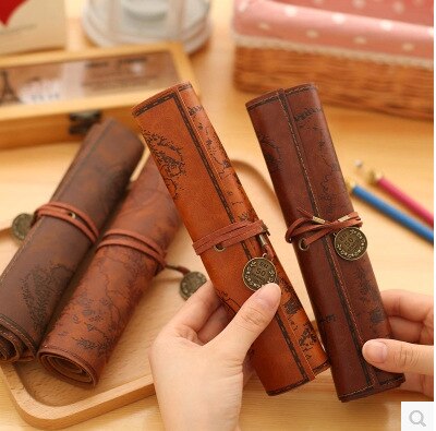 Leren etui, stiksels, pennenzak, opberghoes, vintage kawaii schoolspullen
