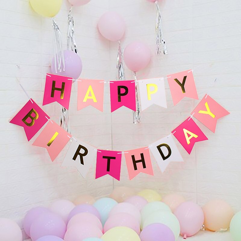 Rosa feliz aniversário papel banner primeiro aniversário decorações da festa de aniversário crianças 1st bebê menina adulto azul branco preto guirlanda suprimentos: W0001-27