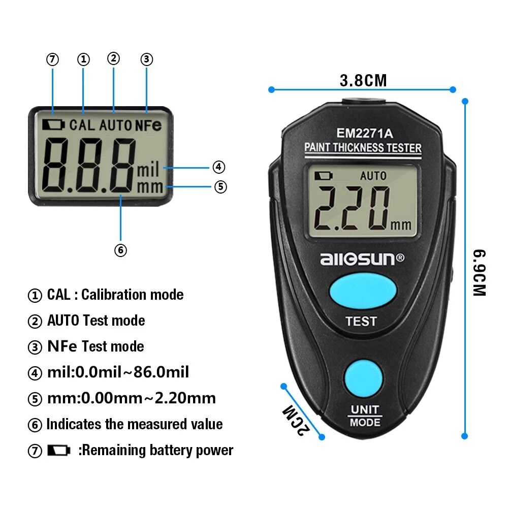 All sun all-sun  em2271 em2271a digital mini bil tykkelsesmåler bil lak tester tykkelse coating måler