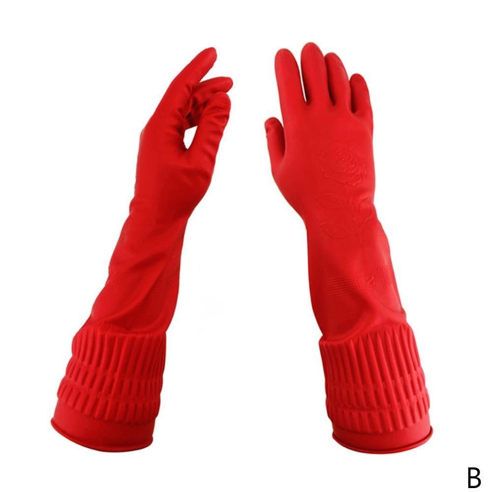 Gants en caoutchouc à manches longues pour femme, 1 paire, rouges, étanches, en Latex, pour la cuisine, le nettoyage de la vaisselle