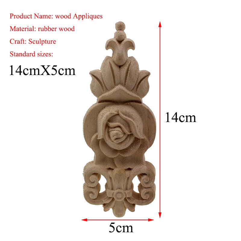 VZLX Flower Wood Carving Natural Wood Appliques for Furniture Cabinet Unpainted Wooden Mouldings Decal Decorative Figurine: 14cmX5cm