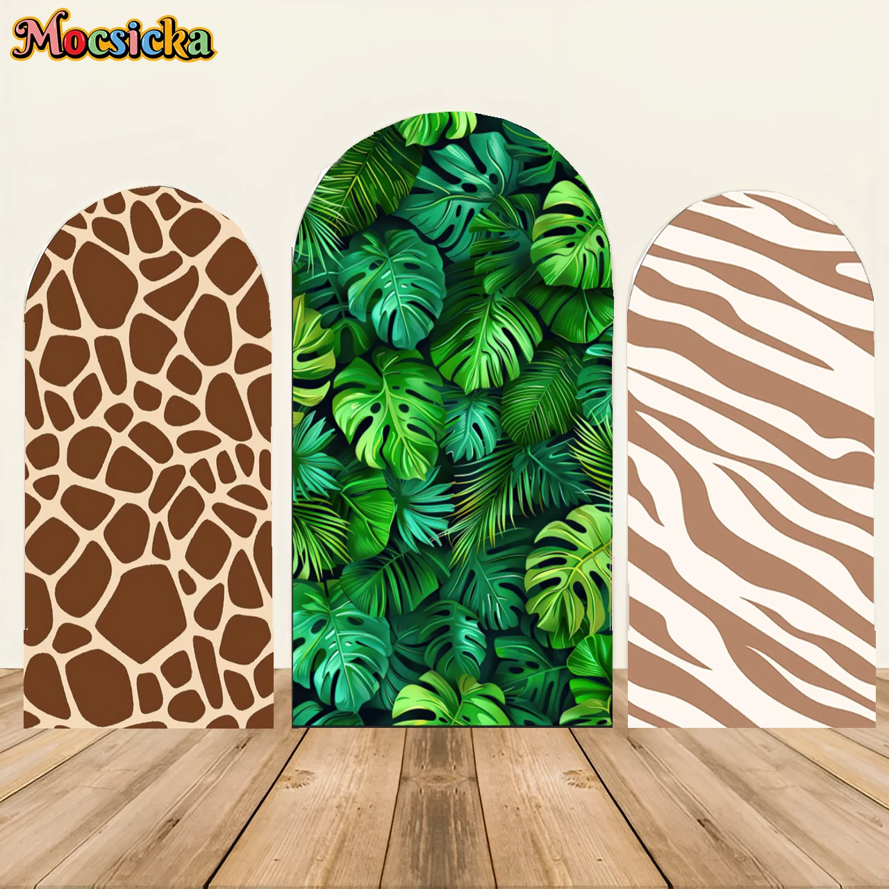 Mochicka selvagem um arco pano de fundo capa animais textura leopardo girafa zebra padrão selva safari folhas aniversário chá de bebê