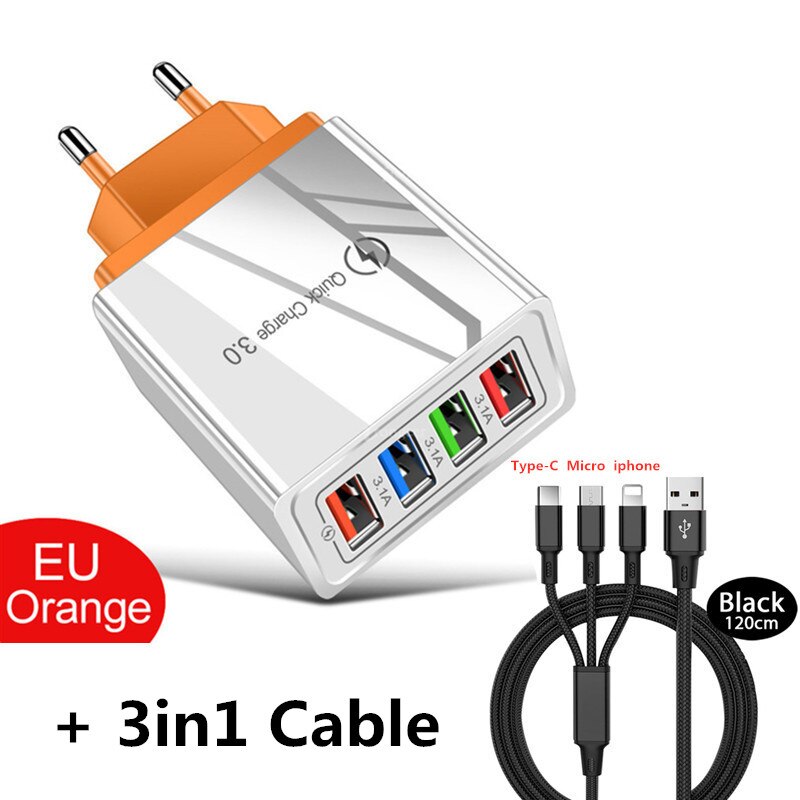 4 portas de carga rápida 3.0 usb carregador eua/ue plug carregador de parede para iphone huawei samsung xiaomi: EU 3in1 Cable Orange