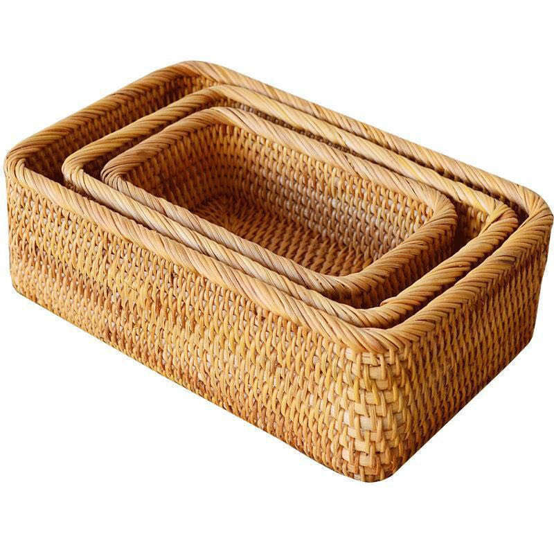 Hand Woven Storage Basket Rattan Wicker Rectangular Basket Kitchen Living Room Storage Organizer Fruit Snack Storage Box