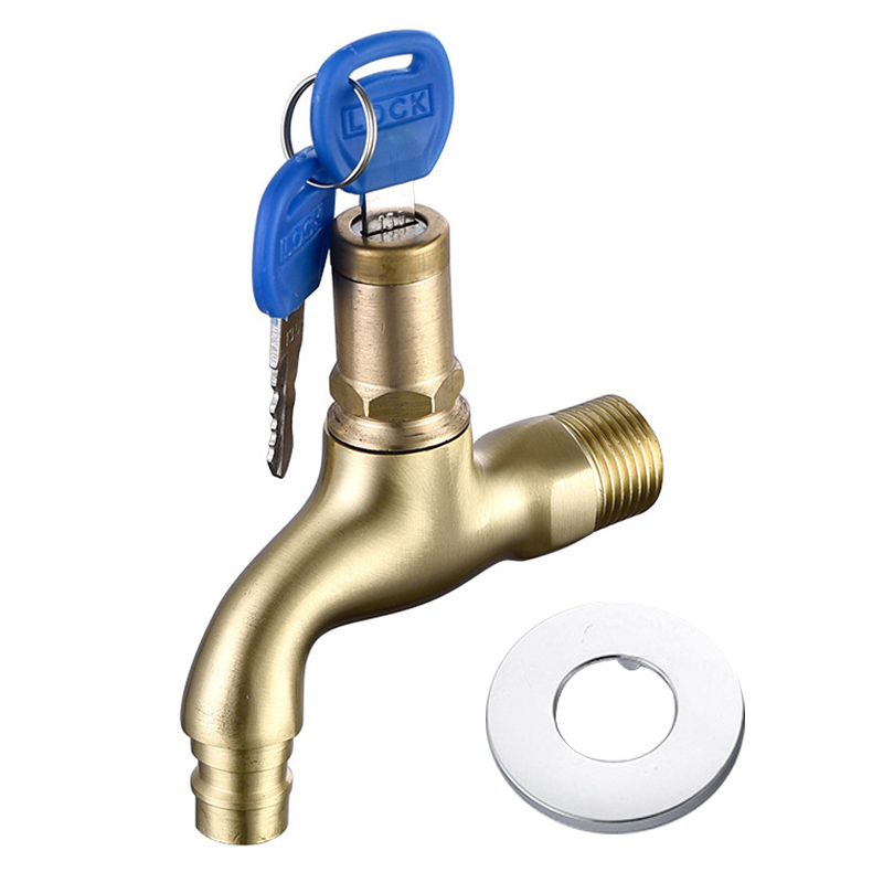 Vandhane med lås nøgle tyverisikring enkelt hul metal vaskemaskine vandhane til hjemmet  k888: Messing