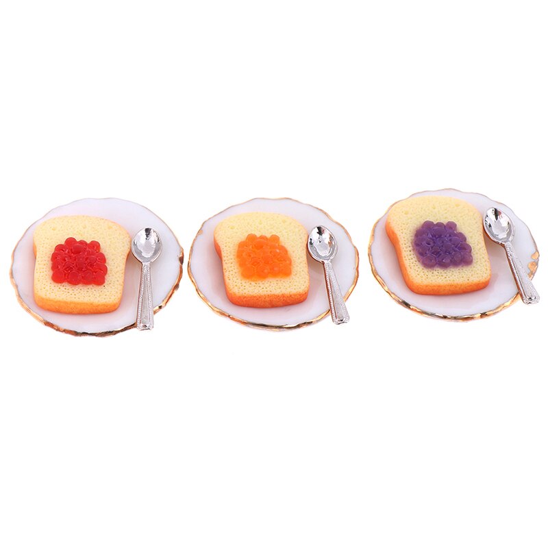 3Pcs/set 1:12 Dollhouse Mini Toast With Small Plate Spoon Miniature Dollhouse Accessories Cute Decoration Toast
