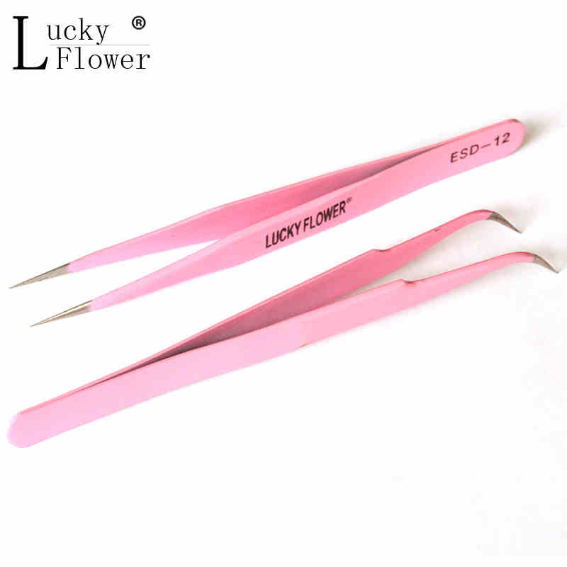 Gloednieuwe 2 stks straight & curve pincet wimper extension tool wimper make schoonheid rvs pincet roze kleuren