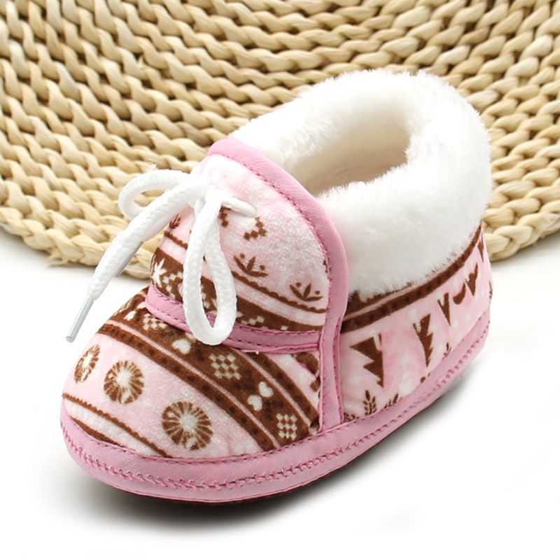 Bomulds polstret spædbarn baby drenge piger bløde støvler bebe sko forår varm blød baby retro trykning sko: Lyserød