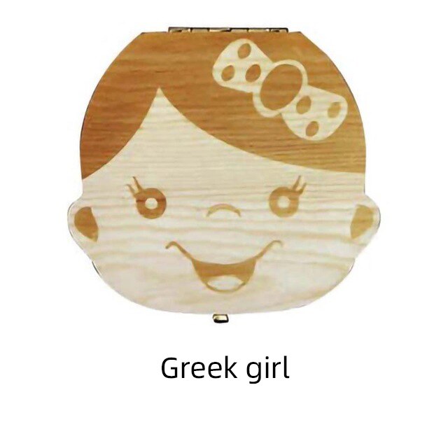 Wooden Baby Tooth Box Spanish/English/Dutch/Russian/French /Italian Wooden Milk Teeth Organizer Storage Boys Girls Baby Souvenir: Greek girl