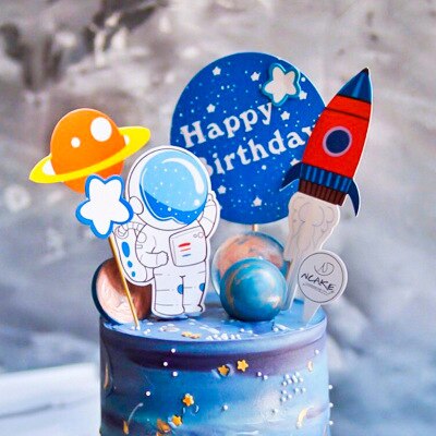 6 stk rumraket dem festdekoration rumskib cupcake toppers tegneserie astronaut ydre rum fest fødselsdagskage dekoration: Dyb safir