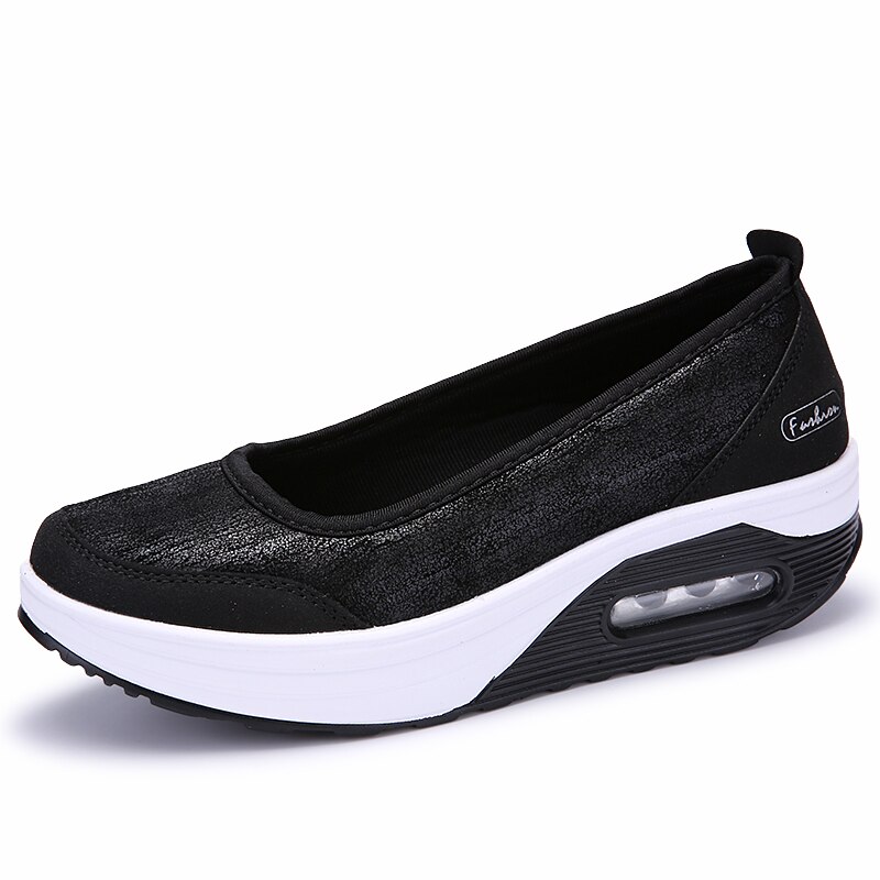 Damskie buty odchudzające kobieta Fitness buty wysokość zwiększenie Casual klinowe buty na podeszwie Slip On Swing Sneakers: black wedge shoes / 8.5