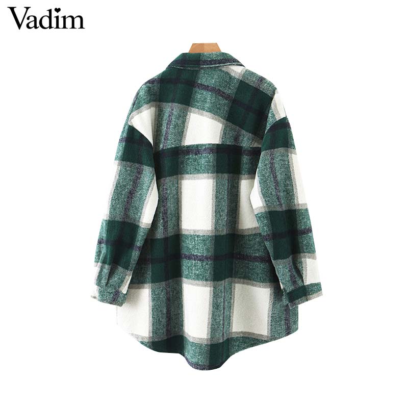 Vadim women plaid oversized jacket checkered pockets loose style long sleeve coat female outwear warm causal tops CA557