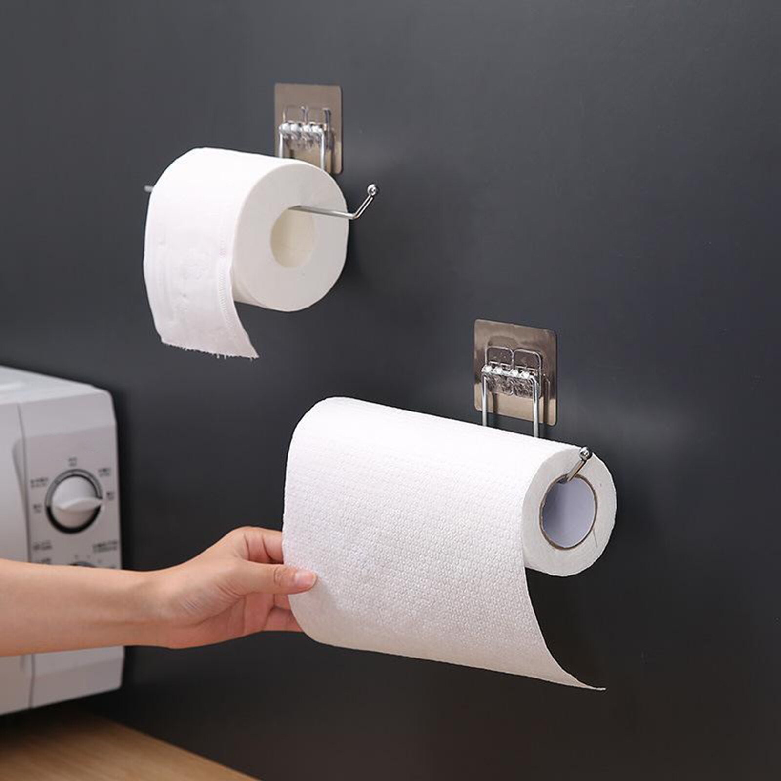 Bathroom Paper Towel Holder Stainless Steel Self Adhesive Mount No Drill Wall Mounted