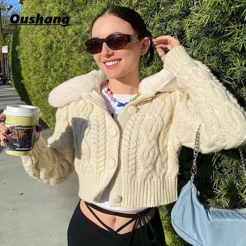 Kvinder cardigan trøjer hvid pels trim krave casual streetwear  y2k korte strik toppe varme vinter sweater toppe
