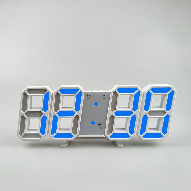 Reloj de pared Digital LED 3D, alarma, fecha, temperatura, retroiluminación automática, mesa de escritorio, pantalla de 12/24 horas, decoración del hogar: White Shell Blue