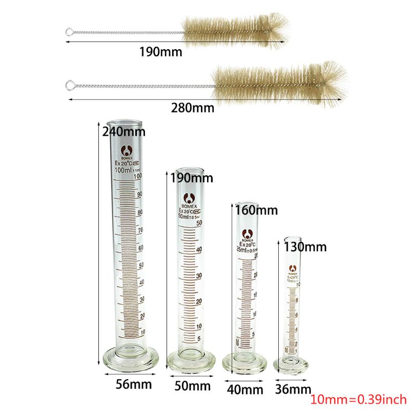 Cylindre gradué 10ml 25ml 50ml 100ml, outil de mesure, récipient de mesure en verre de laboratoire, ensemble de cylindres de chimie