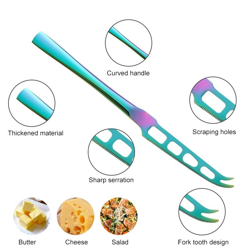 Stainless Steel Cheese Knife With Fork Tip Serrated Cheese Butter Knife Slicer Cutter Cheese Tools Breakfast Bread Jam Spreader