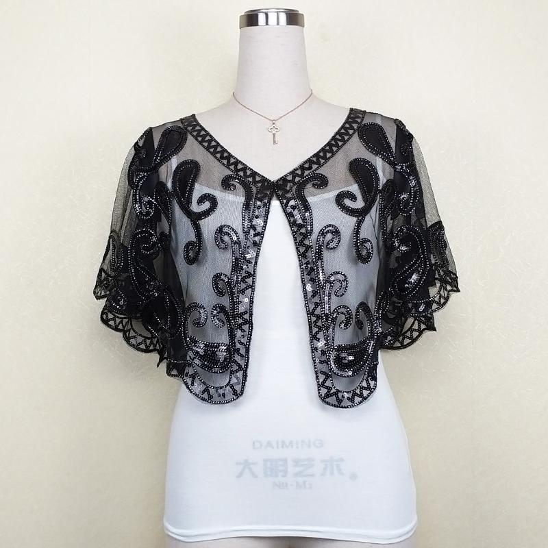 Capa de boda con cuentas de lentejuelas para mujer, Bolero, Capa, color negro, dorado y plateado, 5 colores: blackstring