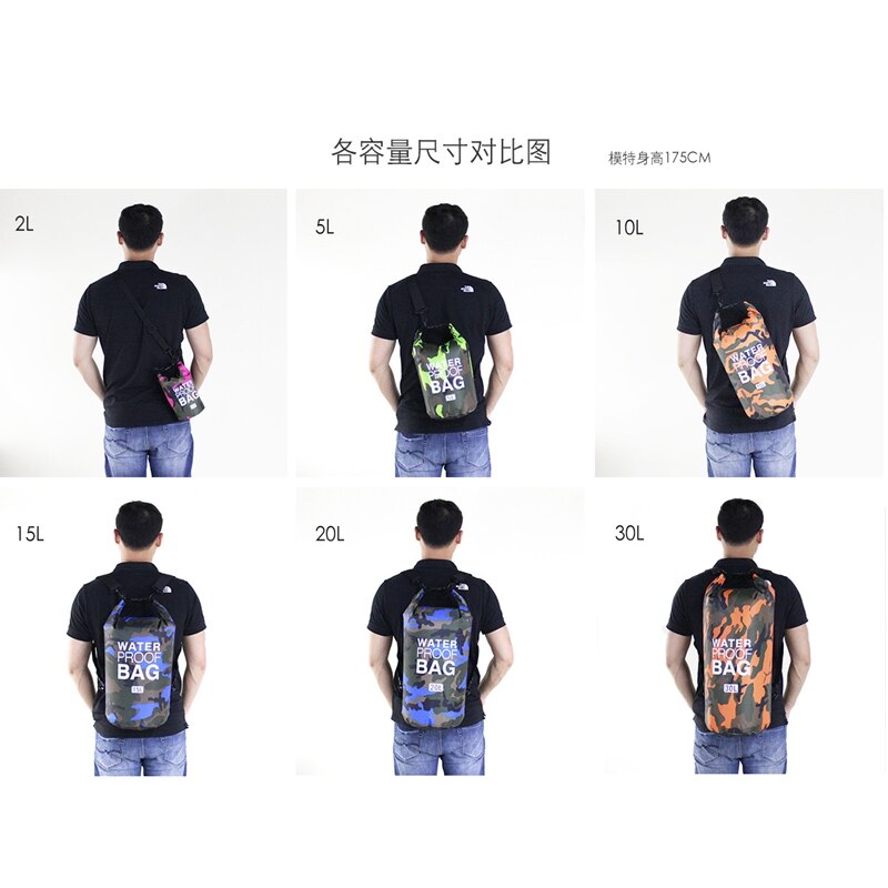 5L 10L 15L 20L 30L PVC Waterproof Swimming Dry Bag Camo Outdoor Foldable Men Women Beach Diving Bag Rafting River Ocean backpack