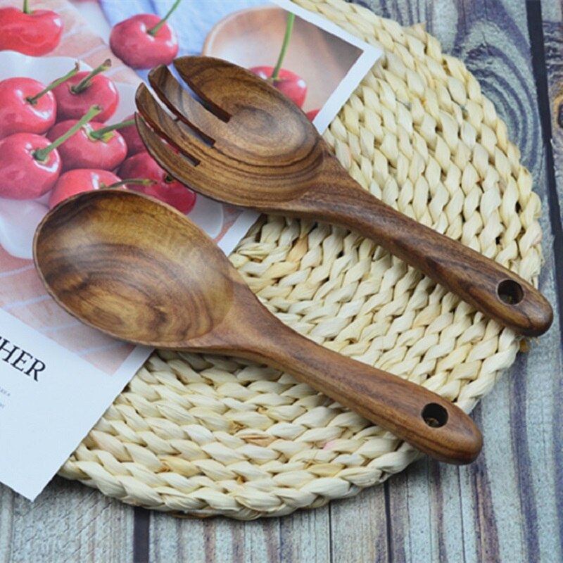 Nordic Wooden Salad Utensils 5 Sets (5 forks + 5 spoons) Acacia Salad Serving Spoons Fork Retro Eco-freindly Salad Servers Tools